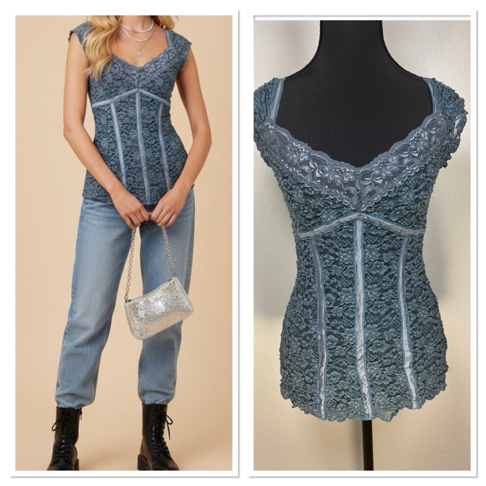 Vtg Y2K Ann Ferriday Lace Stretch Corset Top Fairy Romantic Blue M Whimsigoth